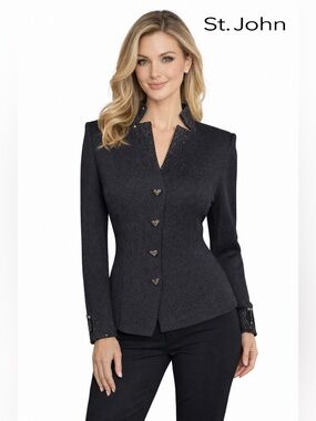 St. John Evening Black Santana Knit Jacket Heart Buttons Size 0 Small